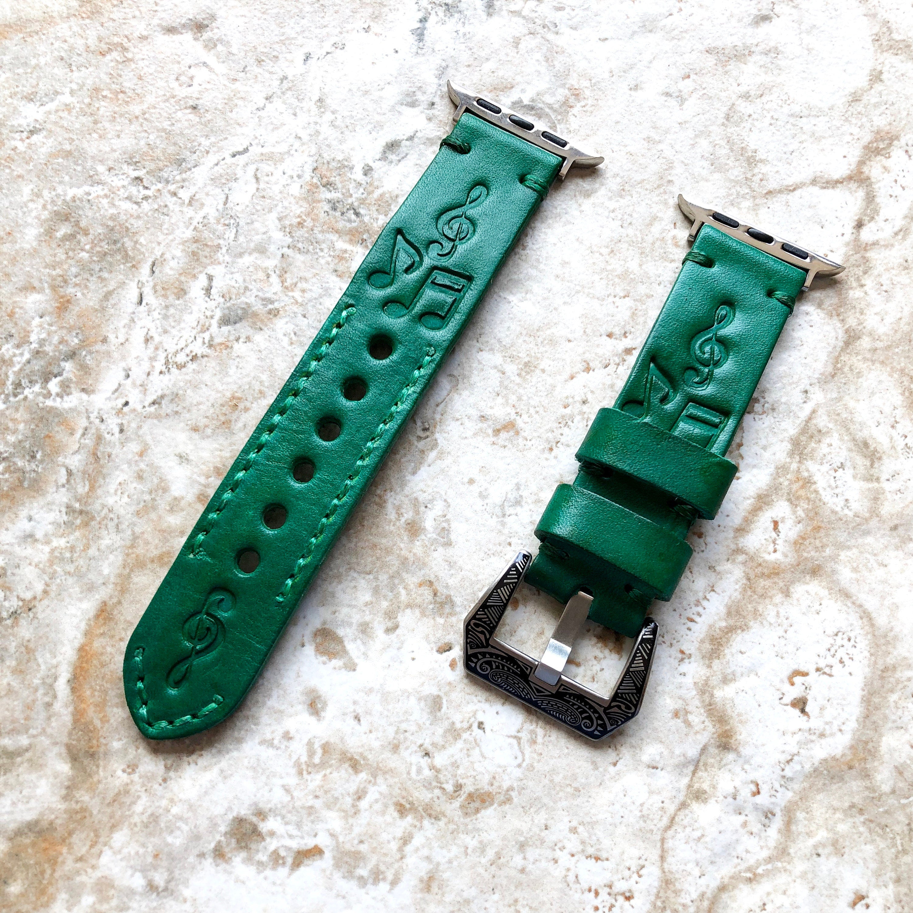 Apple Watch Leather Band Music Lover for iWatch All Series 38mm 40mm 41mm 42mm 44mm 45mm 49mm Tooled Embossed Handmade Green Strap Bracelet